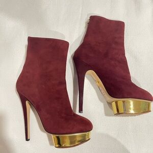 Elegant Burgundy High Heel Ankle Boots with Gold Accents